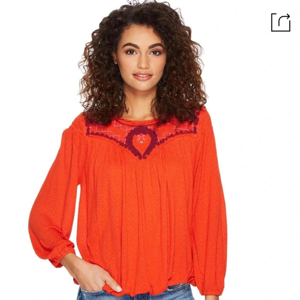 NWT FREE PEOPLE BEGONIA EMBROIDERED LONG‎ SLEEVE TOP Boho Cottagecore Romantic